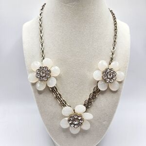 Vintage VCLM White Flower Rhinestone Statement Necklace Signed